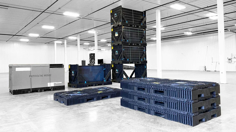 Warehouse full of packed solar panels